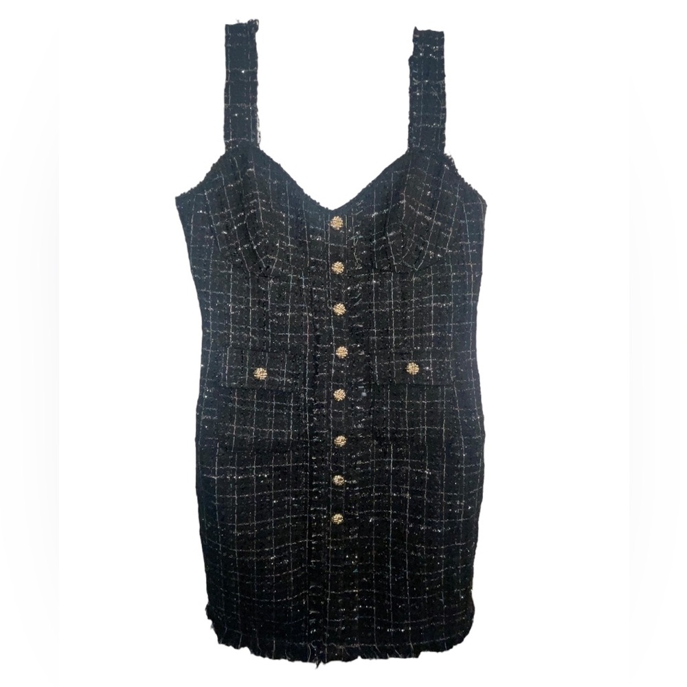 New with tagws COMMENSE‎ Tweed Black Dress Silver Tinsel Size Medium